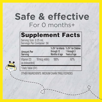 Zarbee's Vitamin D Drops for Infants, 400IU (10mcg) Baby & Toddler Liquid Supplement, Newborn & Up, Dropper Syringe Included, 0.47 Fl Oz (Pack of 2)