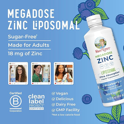 MaryRuth Organics Nutritional Supplement | Liposomal Liquid Zinc Supplement with Vitamin E | Overall Health and Skin Care | Blueberry | Vegan, Non-GMO, Gluten Free, No Sugar Added | 15.22 Fl Oz