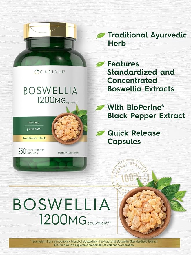 Carlyle Boswellia Extract Capsules 1200mg | 250 Count | Boswellia Serrata Complex with Black Pepper Extract | Non-GMO, Gluten Free Supplement