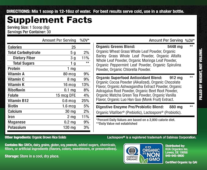 Greens Superfood Juice Powder - USDA Organic Super Greens Powder with with Spirulina, Chlorella, Matcha, Wheat Grass, Digestive Enzymes & Probiotics - Chocolate Flavor -30 Serv