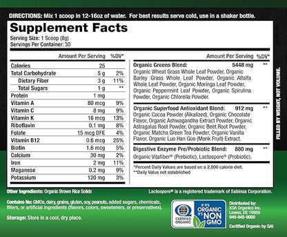 Greens Superfood Juice Powder - USDA Organic Super Greens Powder with with Spirulina, Chlorella, Matcha, Wheat Grass, Digestive Enzymes & Probiotics - Chocolate Flavor -30 Serv