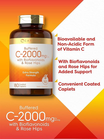 Carlyle Buffered Vitamin C | 2000mg | 180 Caplets | with Bioflavonoids and Rose HIPS | Vegetarian, Non-GMO, and Gluten Free Supplement