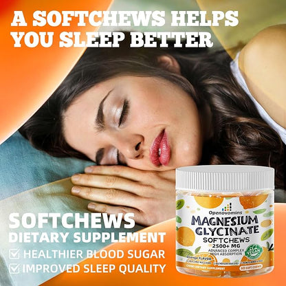 Magnesium Glycinate Soft Chews, Orange Flavor.Chewable Sugar Free Potassium Magnesium Chews with Magnesium Glycinate, Vitamin D, B6, and CoQ10 for Calm Support & Sleep for Adults, 60 Days Supply