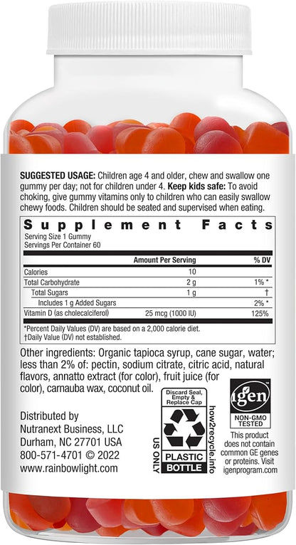 Rainbow Light Kid's Sunny Gummies Vitamin D3 1000 IU Gummy Supplement, Assorted Fruit Flavor, 60 Count, 1 Bottle