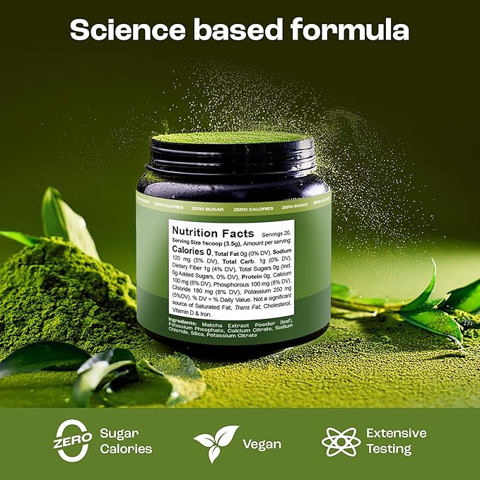 KEY NUTRIENTS Matcha Powder - Unsweetened Matcha Powder with Electrolytes for Hydration and Energy - Green Tea - No Sugar - Made in USA, 20 Servings