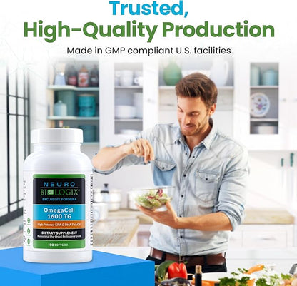 OmegaCell 1600 TG - High-Potency Omega 3 Supplement with 1:1 EPA & DHA Ratio - Premium, Sustainably Sourced Fish Oil from Norwegian Waters - Non-GMO & Gluten-Free Fish Oil Supplement - 60 Soft Gels