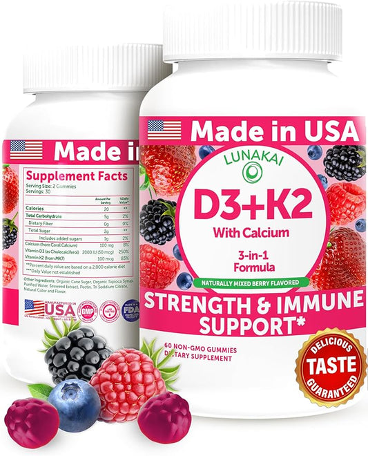 Lunakai USA Made Vitamin D3 K2 Gummies with Calcium for Women, Men & Kids - 3-in-1 Supplement for Bone Health and Immune Support, Vegan 60ct