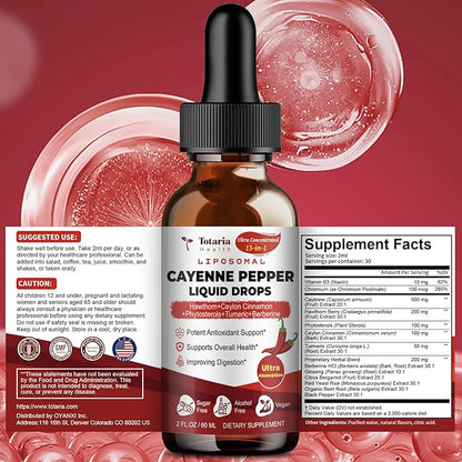 Cayenne Pepper Drops Liposomal Liquid Supplement, 13-in-1 Cayenne Pepper Drops with Vitamin B3, Hawthorn Berry, Panax Ginseng, Berberine, Beet Root, Ceylon Cinnamon, Turmeric Curcumin Extract