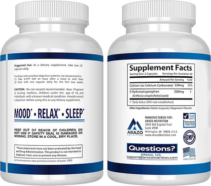 5-HTP 200 MG Plus Calcium for Mood, Sleep – Supports Calm and Relaxed Mood – 99% High Purity – 120 Capsules – Arazo Nutrition