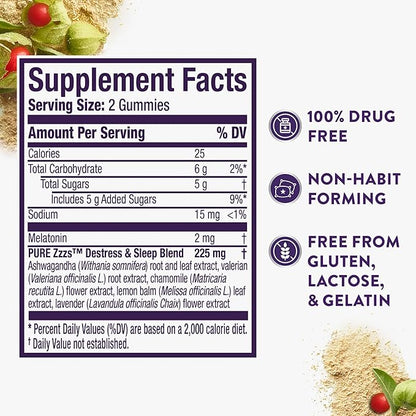ZzzQuil PURE Zzzs De-Stress Gummy, Melatonin Gummies, Sleep Aid, Melatonin 2mg, Ashwagandha for Stress Support, Melatonin Sleep Gummies, Sleep Aids for Adults, 60 Sleep Gummies