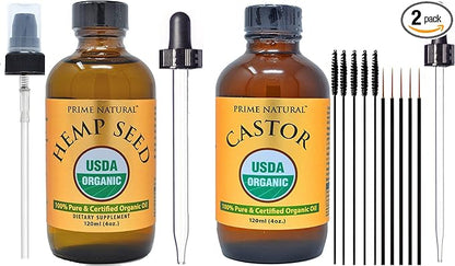 PRIME NATURAL Organic Hemp Seed Oil & Organic Castor Oil - Cold Pressed, Virgin, Unrefined - 4oz/120ml Each - 2 Oil Bundle
