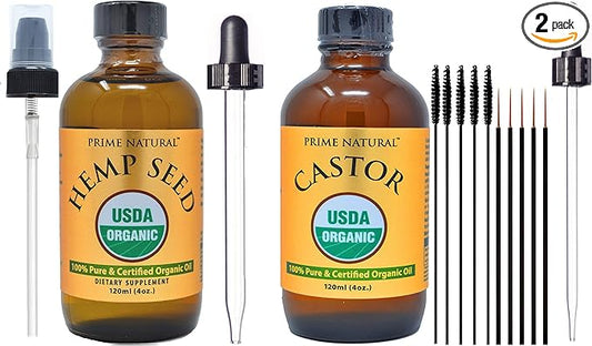 PRIME NATURAL Organic Hemp Seed Oil & Organic Castor Oil - Cold Pressed, Virgin, Unrefined - 4oz/120ml Each - 2 Oil Bundle
