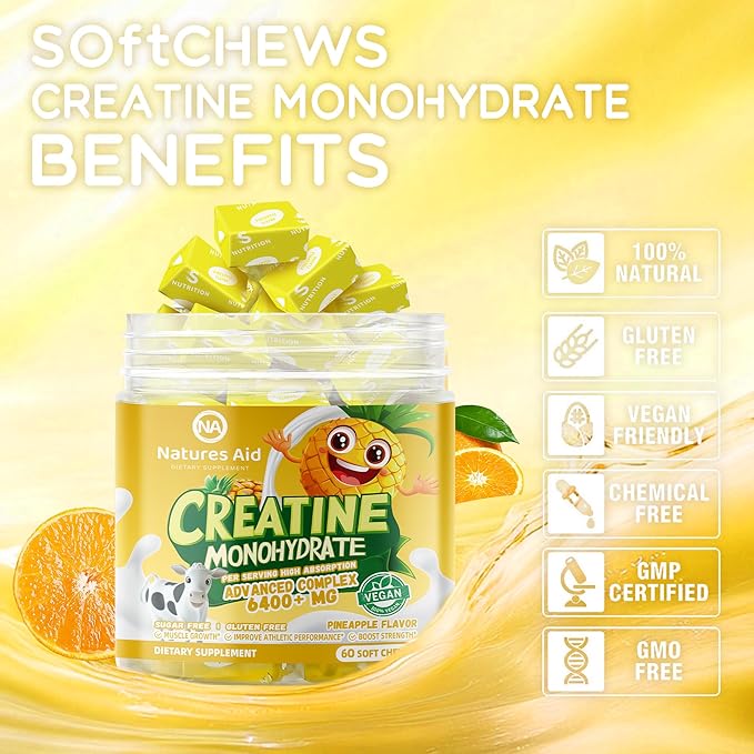 Creatine Monohydrate Chews Complex 6400mg for Men & Women -Advanced Formula W/L-Taurine + Vitamin B12, Sugar Free Chewable Supplement,60 Pineapple Softchews