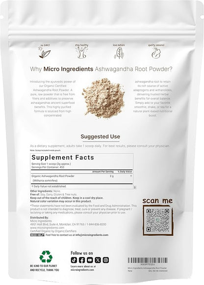 Micro Ingredients Organic Ashwagandha Root Powder | 2 Pound, No Filler, No Additives, Highly Purified | Active Withanolides, Adaptogenic Ayurvedic Herbal Supplements, No GMO, Gluten Free, India Origin