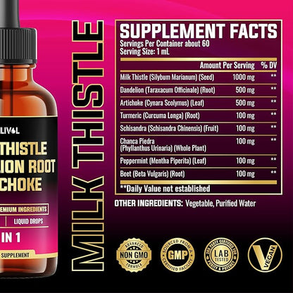 8in1 Milk Thistle Liquid Drops with Dandelion Root, Artichoke Leaf and 5 More Herbals - 60 Days Supply - 2 Fl Oz