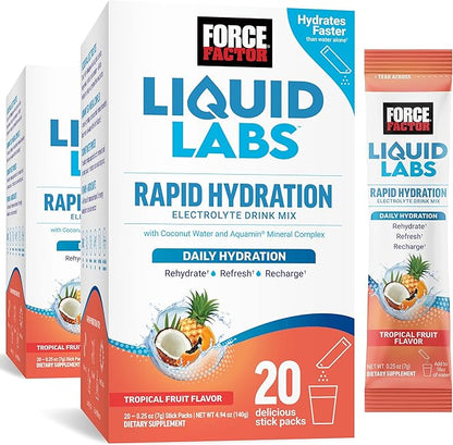 FORCE FACTOR Liquid Labs Electrolytes Powder, Hydration Packets to Make Electrolyte Water with 5 Essential Electrolytes, Vitamins, and Antioxidants, Tropical Fruit Flavor, 40 Stick Packs, 2-Pack
