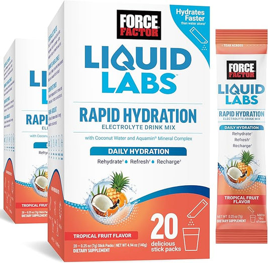 FORCE FACTOR Liquid Labs Electrolytes Powder, Hydration Packets to Make Electrolyte Water with 5 Essential Electrolytes, Vitamins, and Antioxidants, Tropical Fruit Flavor, 40 Stick Packs, 2-Pack