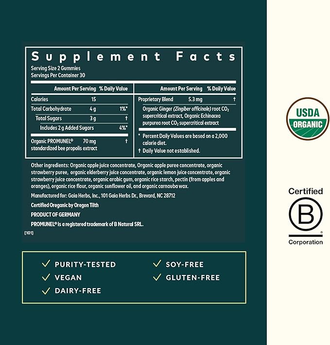 Gaia Herbs Organic Immune Rapid Defense Gummies - Supports Immunity - with Propolis, Ginger, and Echinacea - 60 Vegan Gummies (30-Day Supply)