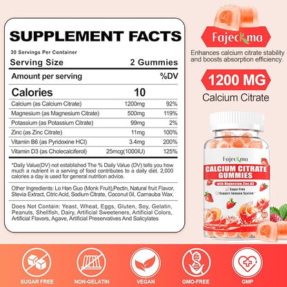 Calcium Citrate Gummies for Women Men: 1200 Calcium Magnesium Zinc with Vitamin D3 B6 Supplement for Adult - Vegan High Absorption Chewable Gummy Sugar Free(120Count)