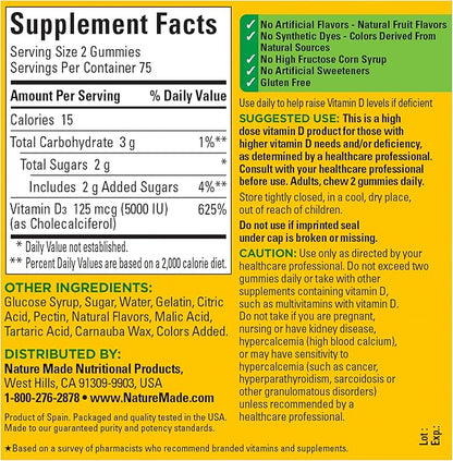 Nature Made Extra Strength Vitamin D3 5000 IU (125 mcg) per Serving, Dietary Supplement for Bone, Teeth, Muscle and Immune Health Support, 150 Gummies, 75 Day Supply (Pack of 2)