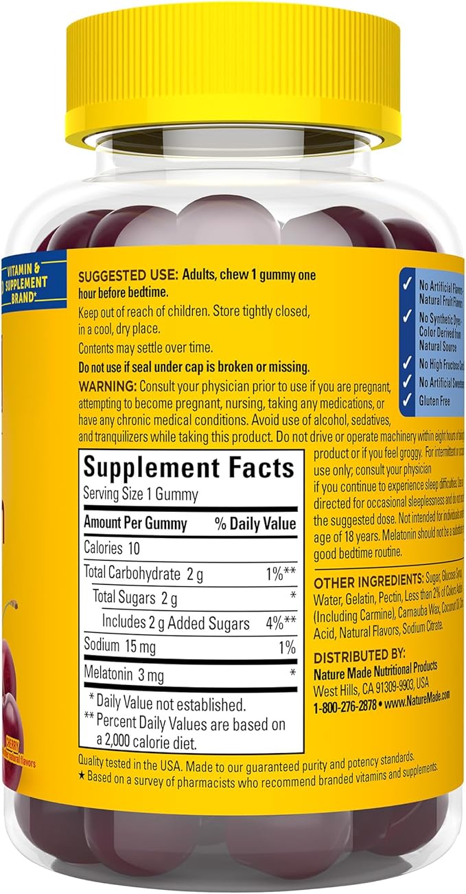 Nature Made Time Release Melatonin 3mg Gummies, 100% Drug Free Sleep Aid for Adults, 60 Melatonin Gummies, 60 Day Supply