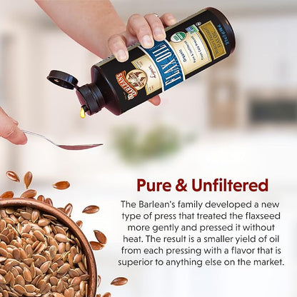 Barlean's Organic Lignan Flaxseed Oil Liquid Supplement from Cold Pressed Flax Seeds - 7,230 mg ALA Omega-3 Fatty Acids for Heart Health, Vegan and Gluten Free, 16 oz