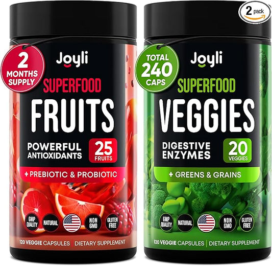 Fruits and Veggies Supplement - High Fiber Supplement for Immunity, Gut & Energy - Super Reds & Super Greens Supplements with Marshmallow Root - 240 Reds and Super Greens Powder Superfood Capsules