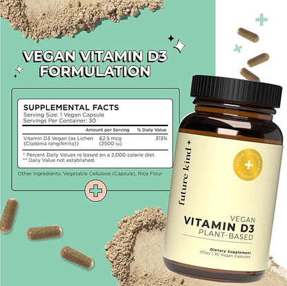 Future Kind Vegan Vitamin D3-2500 IU Plant-Based Supplement for Cell & Immune Support - Sugar-Free, Lichen-Based Vitamin D (30 Softgels in Glass Bottle)