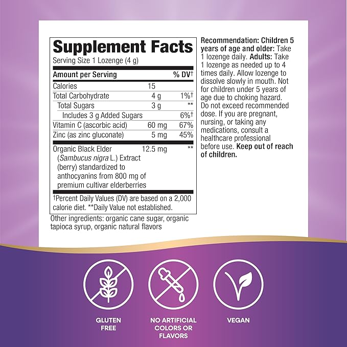 Nature's Way Organic Sambucus Zinc Lozenges - With Elderberry & Vitamin C - Vegan & Gluten Free - 24 Lozenges (Pack of 3)