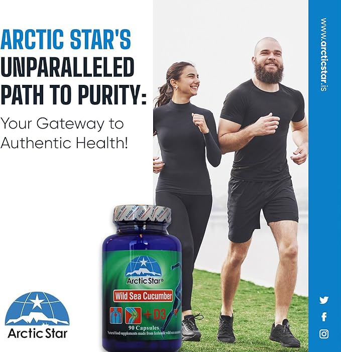 Arctic Star - Sea Cucumber with Vitamin D3 Capsules, Pure Icelandic Wild Caught Sea Cucumber Extract & D3 Supplement Pills - Cucumaria Frondosa 北极星海参+D3胶囊 (90 Capsules, 400mg) 1Bottle
