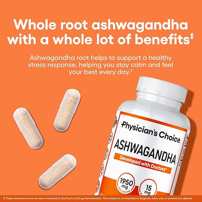 Physician's CHOICE Ashwagandha Supplement - 1950mg of Bioavailable Organic Ashwagandha Root Powder - Black Pepper Extract, Stress Support, Mood Support Supplement, 90 Veggie Ashwagandha Capsules
