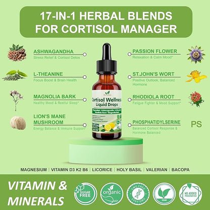 Cortisol Supplement Liquid Drops, 17-in-1 Cortisol Detox w. Magnesium Glycinate 400mg Ashwagandha, L-Theanine, Phosphatidylserine, Hormone Balanced for Women, Mood Focus, Sleep Support