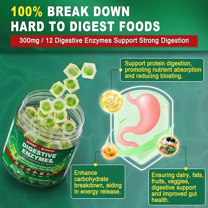 Neviss Digestive Enzymes Gummies Plus 90 Billion CFU Probiotics & Prebiotics & Postbiotic and Fiber for Women and Men, Daily Multi-Enzymes for Digestive Health, Regularity Gut, Immune,Sugar Free 60Cts