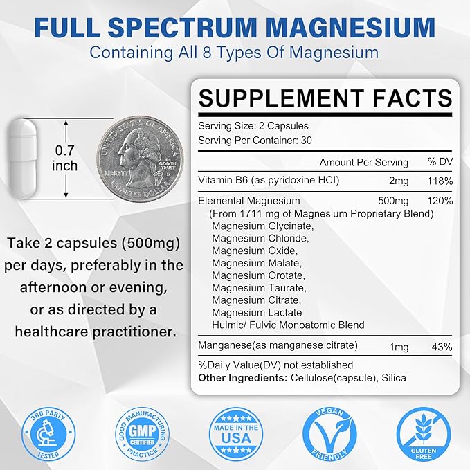 Magnesium Complex Supplement 8 Forms, 500mg Magnesium Glycinate, Malate, Citrate, High Absorption Mg for Calm, Sleep, Mood & Healthy Muscle, Pack of 2, Total 120 Vegan Capsules
