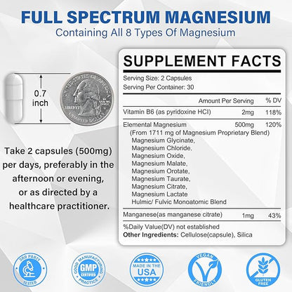 Magnesium Complex Supplement 8 Forms, 500mg Magnesium Glycinate, Malate, Citrate, High Absorption Mg for Calm, Sleep, Mood & Healthy Muscle, Pack of 2, Total 120 Vegan Capsules