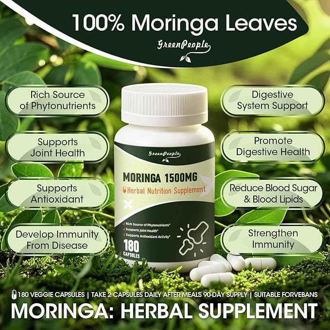 Moringa Pure Capsules, Rich Moringa Powder, A Natural Green Antioxidant Superfood - Supports Energy, Skin Health, Gut Health, with Essential Vitamins & Amino Acids, 180pcs-2 Pack