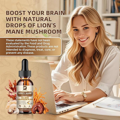 Lions Mane Mushroom Liquid Drops with 6 Mushroom Complex & Irish Sea Moss, Dual-Extracted for Cognitive & Immune Support – Vegan, Non-GMO Supplement – 60mL Peach Flavor
