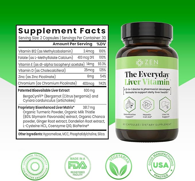 Zen Nutrients The Everyday Liver Vitamin - Liver Cleanse Detox & Repair with Bergacyn FF, Organic Milk Thistle, Dandelion Root & Artichoke Extract for Liver Health - Fatty Liver Support Supplements