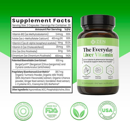 Zen Nutrients The Everyday Liver Vitamin - Liver Cleanse Detox & Repair with Bergacyn FF, Organic Milk Thistle, Dandelion Root & Artichoke Extract for Liver Health - Fatty Liver Support Supplements