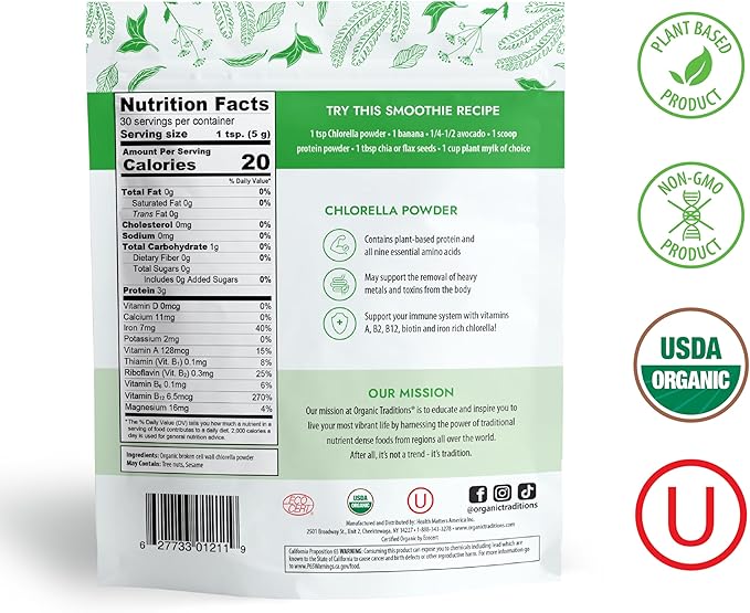 Organic Traditions Organic Chlorella Powder, Vegan Non-GMO Organic Superfood, 5.3oz (150g) Bag, 30 Servings per Bag