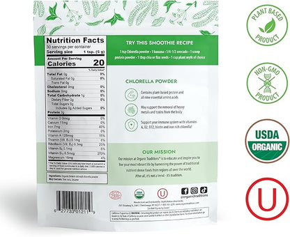 Organic Traditions Organic Chlorella Powder, Vegan Non-GMO Organic Superfood, 5.3oz (150g) Bag, 30 Servings per Bag