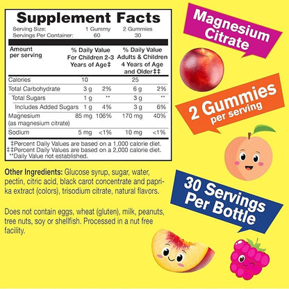 Magnesium Citrate Gummies for Kids - Chewable Stress Relief Supplement for Children - Natural Calm, Mood Support, Non-GMO, Gluten Free - Natural Sourced Flavors - 60 Gummies