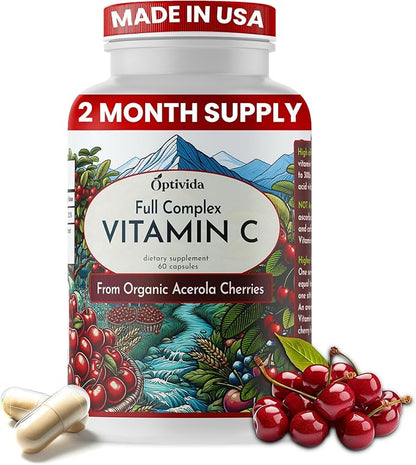 OPTIVIDA Plant Based Natural Acerola Cherry Vitamin C Capsules (60 Count), Time Release Organic Vitamin C | (Non Ascorbic Acid) Vegan Supplement for Immune Support, Healthy Skin & Joints
