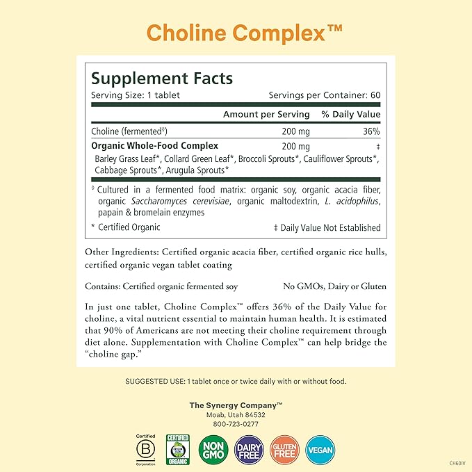 PURE SYNERGY Choline Complex | Vegan Choline Supplement Made with Organic Whole Foods | Non-GMO Bioavailable Complex | for Pregnancy, Brain, and Liver Health (60 Tablets)