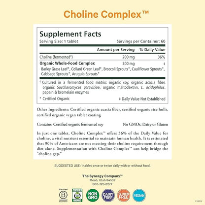PURE SYNERGY Choline Complex | Vegan Choline Supplement Made with Organic Whole Foods | Non-GMO Bioavailable Complex | for Pregnancy, Brain, and Liver Health (60 Tablets)