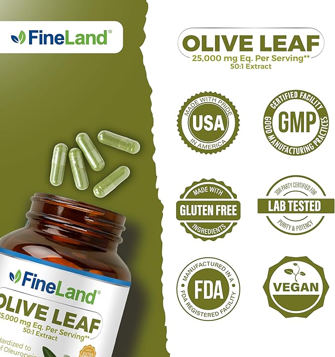 FineLand Olive Leaf Extract 50x, 25,000mg per Capsule | 20% Active Oleuropein | MAX Strength Antioxidants | Immune & Heart Support | 160 Vegan Capsules