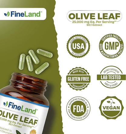 FineLand Olive Leaf Extract 50x, 25,000mg per Capsule | 20% Active Oleuropein | MAX Strength Antioxidants | Immune & Heart Support | 160 Vegan Capsules