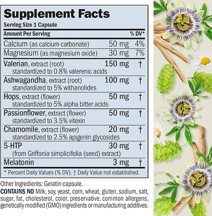 ANDREW LESSMAN Night Time 360 Capsules - 3mg Melatonin, Valerian, Ashwagandha, Passionflower, Hops, Chamomile. No Morning Hangover. Natural Support, Gentle Restful Sleep. Easy to Swallow Capsules