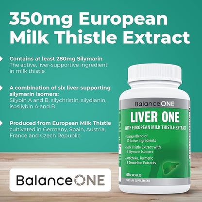 Balance ONE Liver Support Supplement with Milk Thistle Extract, Dandelion Root & Molybdenum – Natural Liver Cleanse, Repair & Detox for Men & Women - Vegan Capsules, 1 Month Supply - Liver One