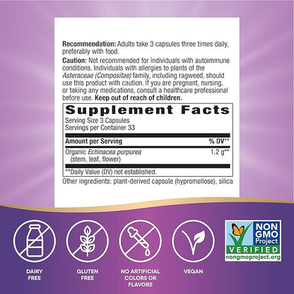 Nature's Way Echinacea Purpurea Herb, Supports Immune Health*, 1200 mg per 3-Capsule Serving, Non-GMO Project Verified, Vegan, 100 Capsules (Packaging May Vary)